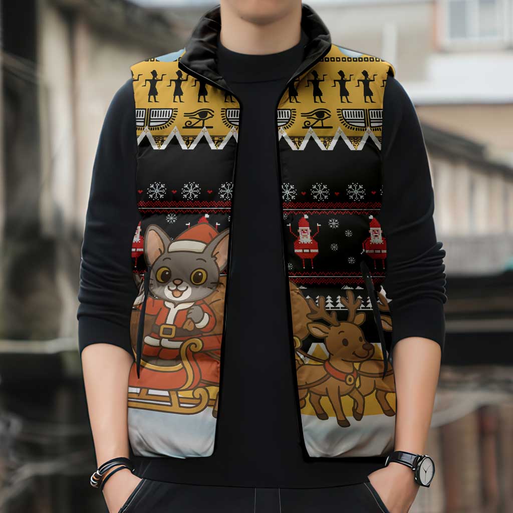 Egypt Christmas Sleeveless Puffer Jacket with Santa Cat Sleigh Reindeer Christmas Tree and Ancient Hieroglyphic - Wonder Print Shop