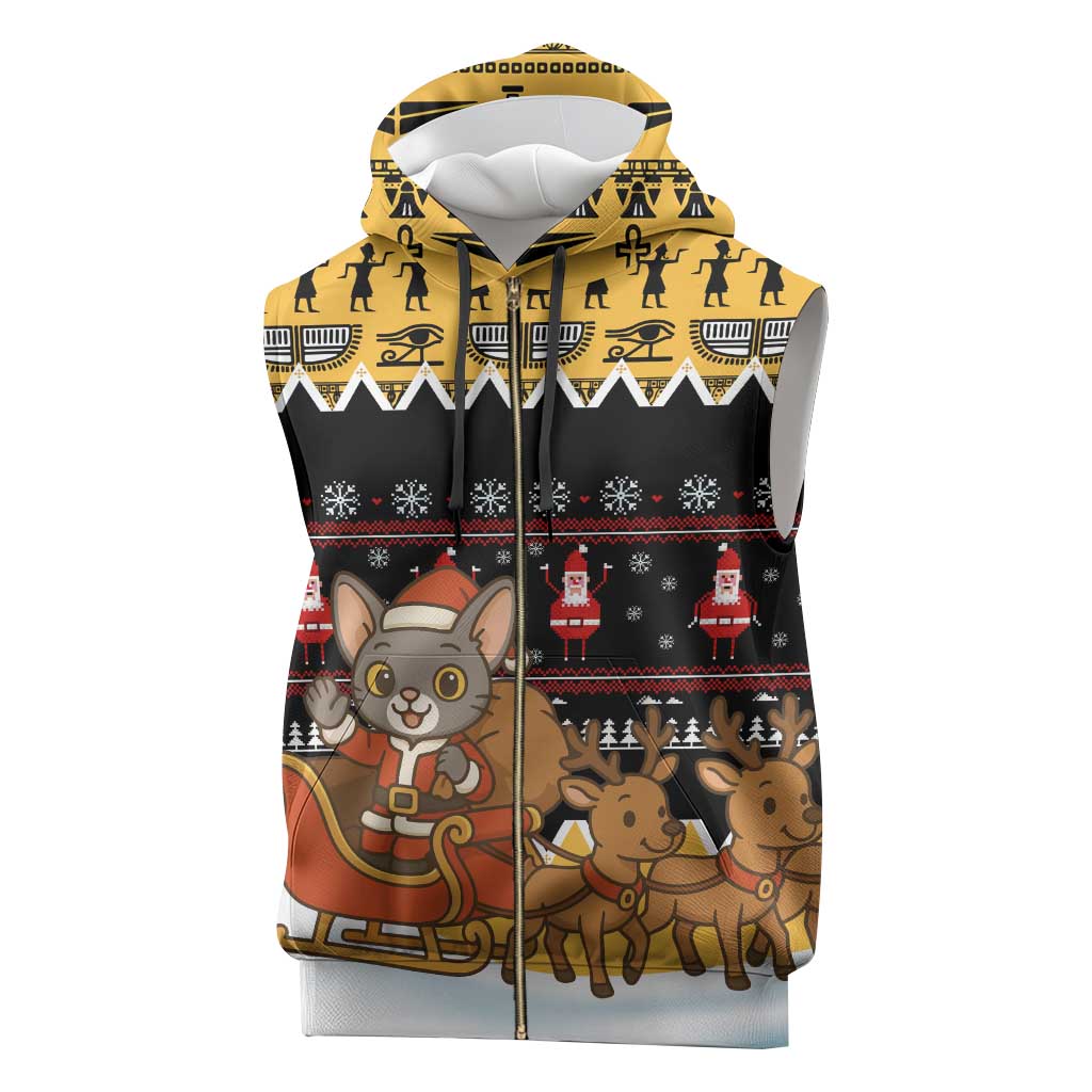 Egypt Christmas Sleeveless Zip Hoodie with Santa Cat Sleigh Reindeer Christmas Tree and Ancient Hieroglyphic - Wonder Print Shop