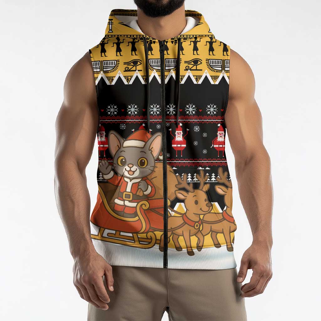 Egypt Christmas Sleeveless Zip Hoodie with Santa Cat Sleigh Reindeer Christmas Tree and Ancient Hieroglyphic - Wonder Print Shop