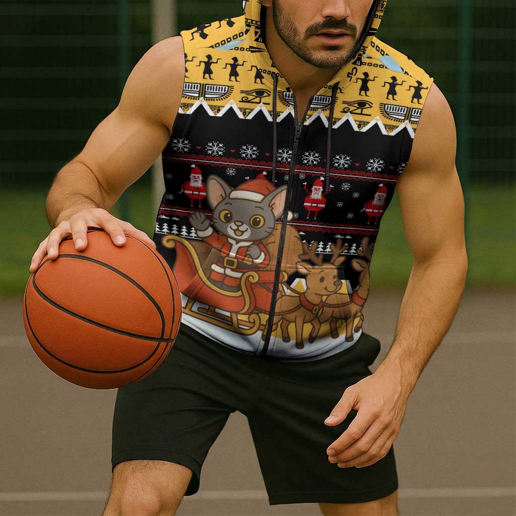 Egypt Christmas Sleeveless Zip Hoodie with Santa Cat Sleigh Reindeer Christmas Tree and Ancient Hieroglyphic - Wonder Print Shop