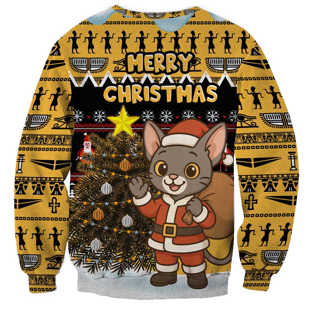 Egypt Christmas Sweatshirt with Santa Cat Sleigh Reindeer Christmas Tree and Ancient Hieroglyphic - Wonder Print Shop