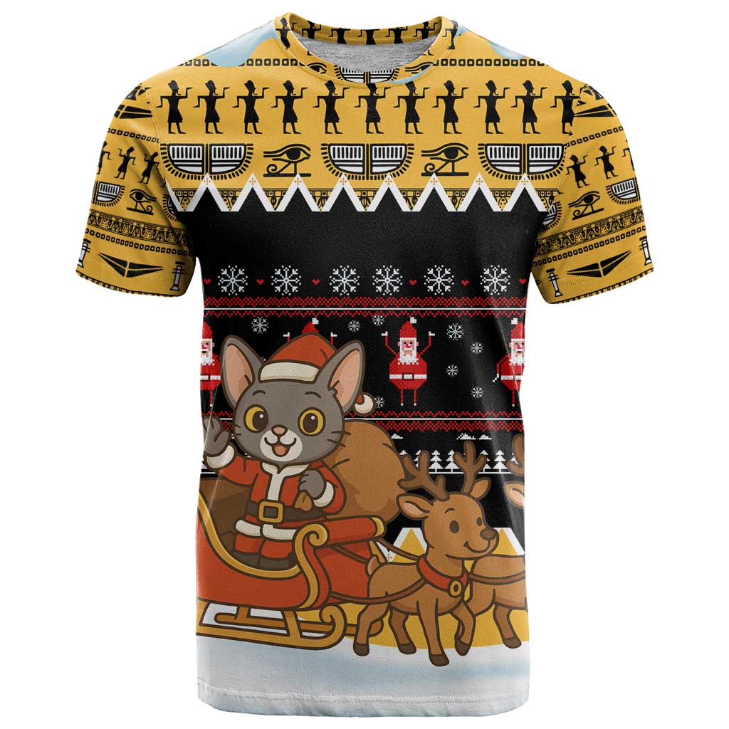 Egypt Christmas T Shirt with Santa Cat Sleigh Reindeer Christmas Tree and Ancient Hieroglyphic - Wonder Print Shop