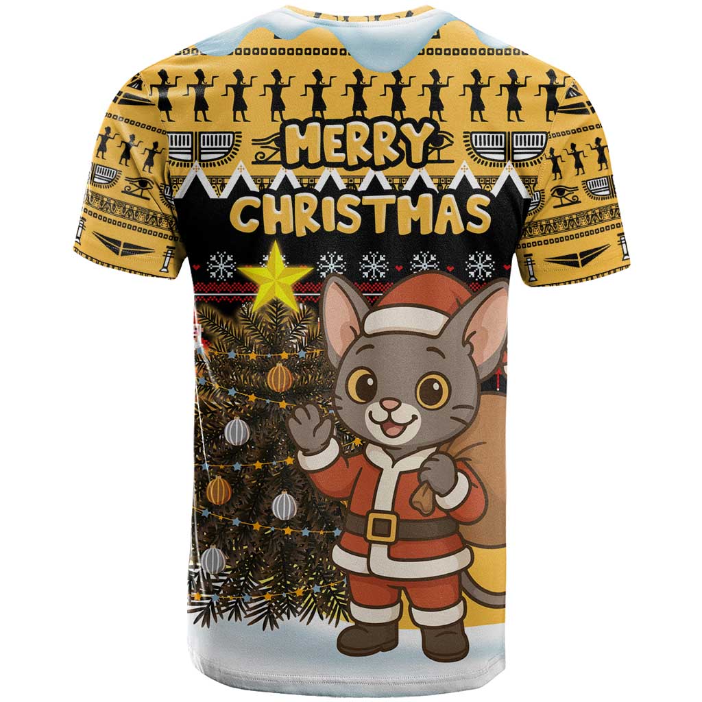 Egypt Christmas T Shirt with Santa Cat Sleigh Reindeer Christmas Tree and Ancient Hieroglyphic - Wonder Print Shop