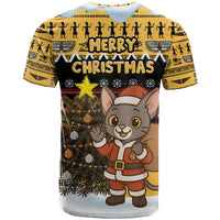 Egypt Christmas T Shirt with Santa Cat Sleigh Reindeer Christmas Tree and Ancient Hieroglyphic - Wonder Print Shop