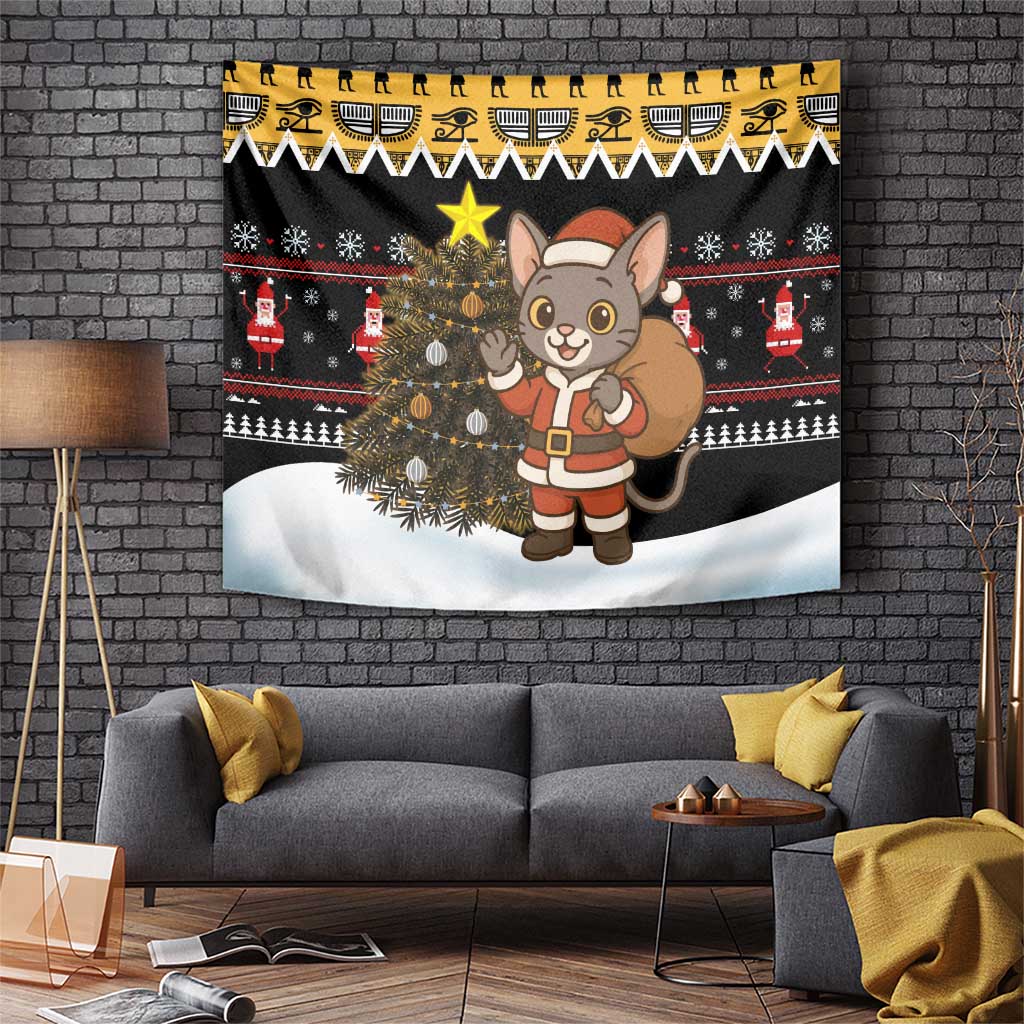 Egypt Christmas Tapestry with Santa Cat Sleigh Reindeer Christmas Tree and Ancient Hieroglyphic - Wonder Print Shop