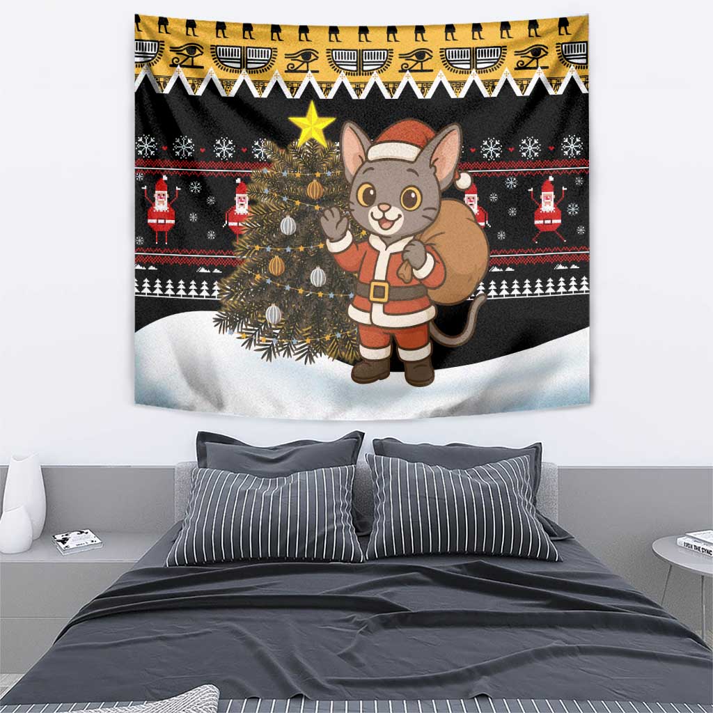 Egypt Christmas Tapestry with Santa Cat Sleigh Reindeer Christmas Tree and Ancient Hieroglyphic - Wonder Print Shop