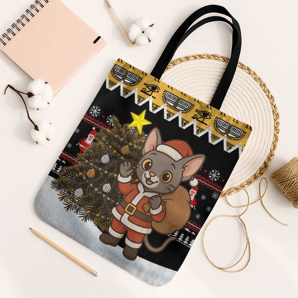 Egypt Christmas Tote Bag with Santa Cat Sleigh Reindeer Christmas Tree and Ancient Hieroglyphic - Wonder Print Shop