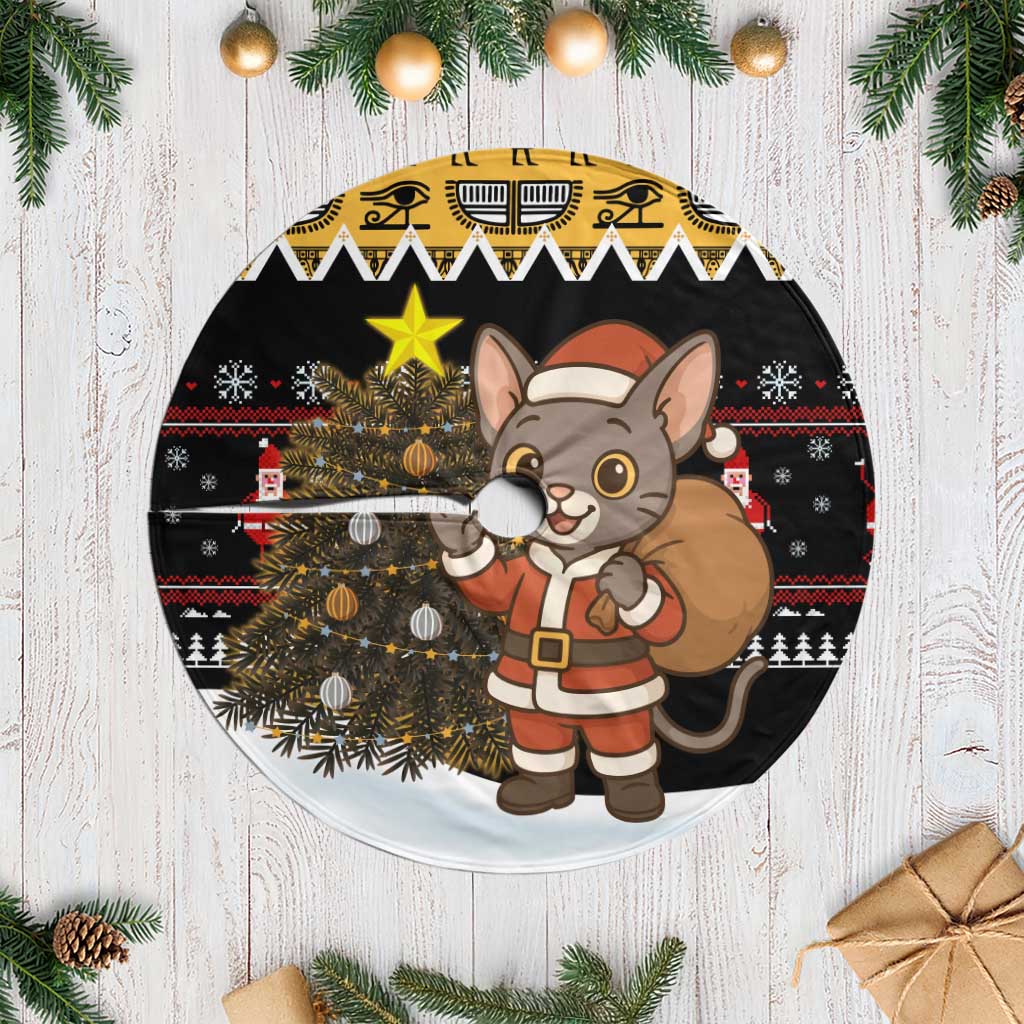 Egypt Christmas Tree Skirt with Santa Cat Sleigh Reindeer Christmas Tree and Ancient Hieroglyphic - Wonder Print Shop