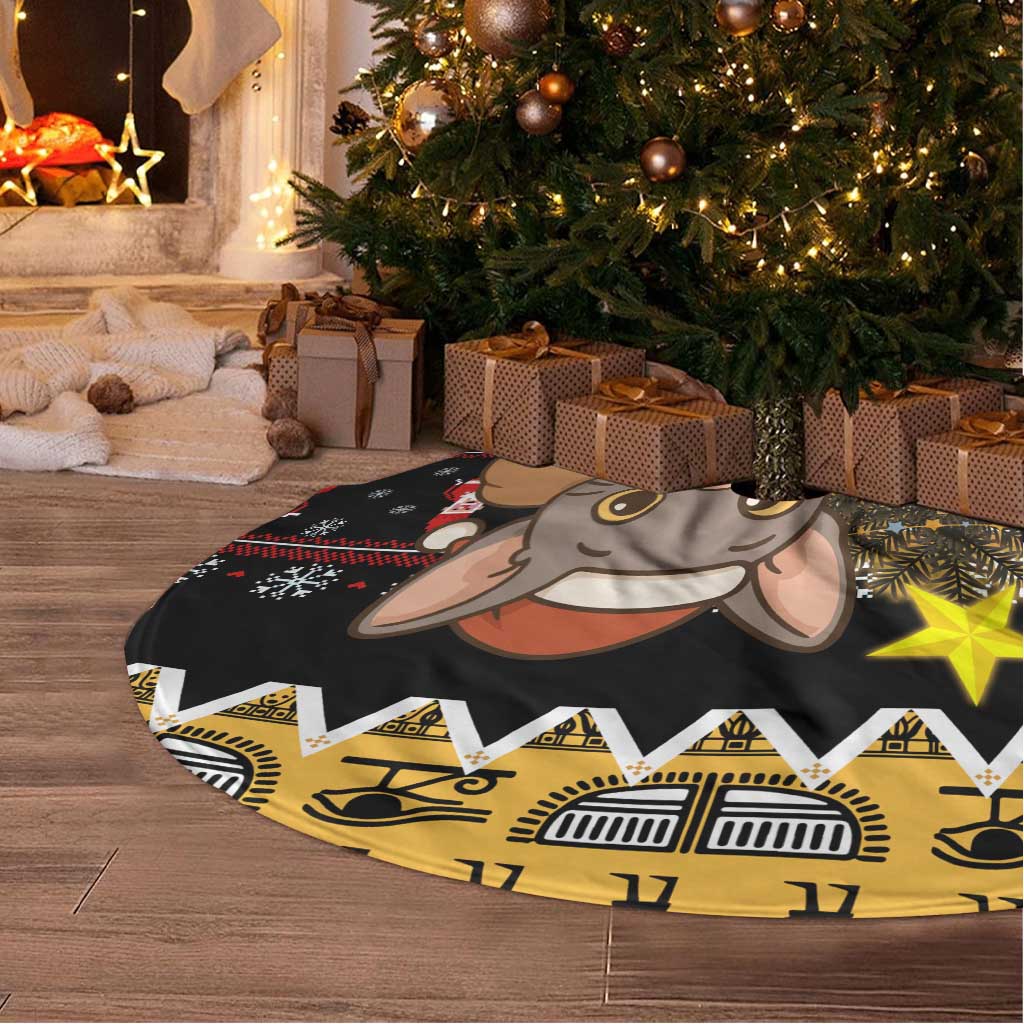Egypt Christmas Tree Skirt with Santa Cat Sleigh Reindeer Christmas Tree and Ancient Hieroglyphic - Wonder Print Shop