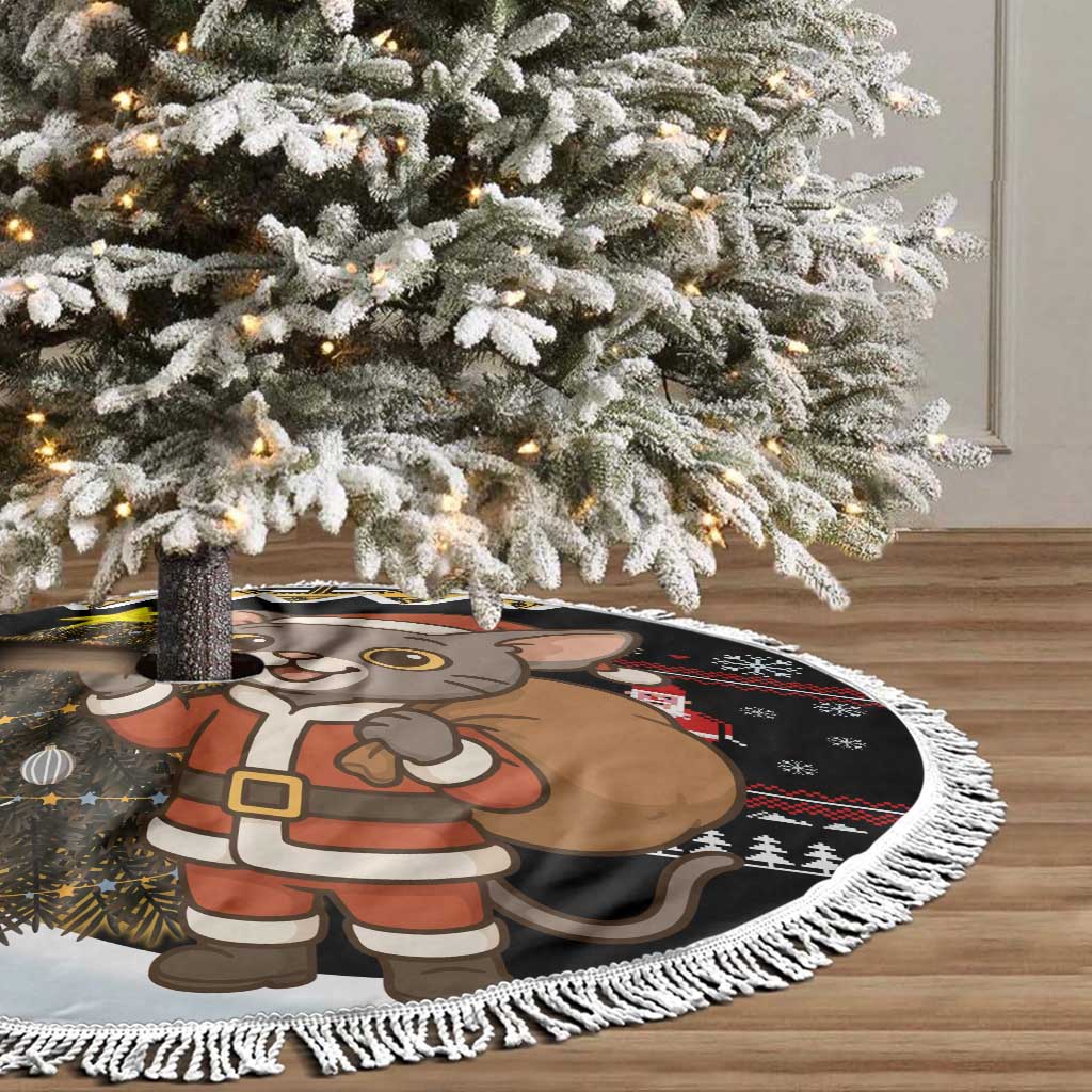 Egypt Christmas Tree Skirt with Santa Cat Sleigh Reindeer Christmas Tree and Ancient Hieroglyphic - Wonder Print Shop