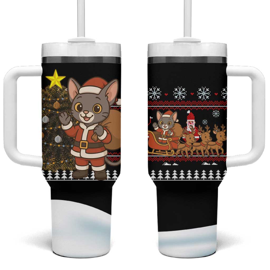 Egypt Christmas Tumbler With Handle with Santa Cat Sleigh Reindeer Christmas Tree and Ancient Hieroglyphic - Wonder Print Shop