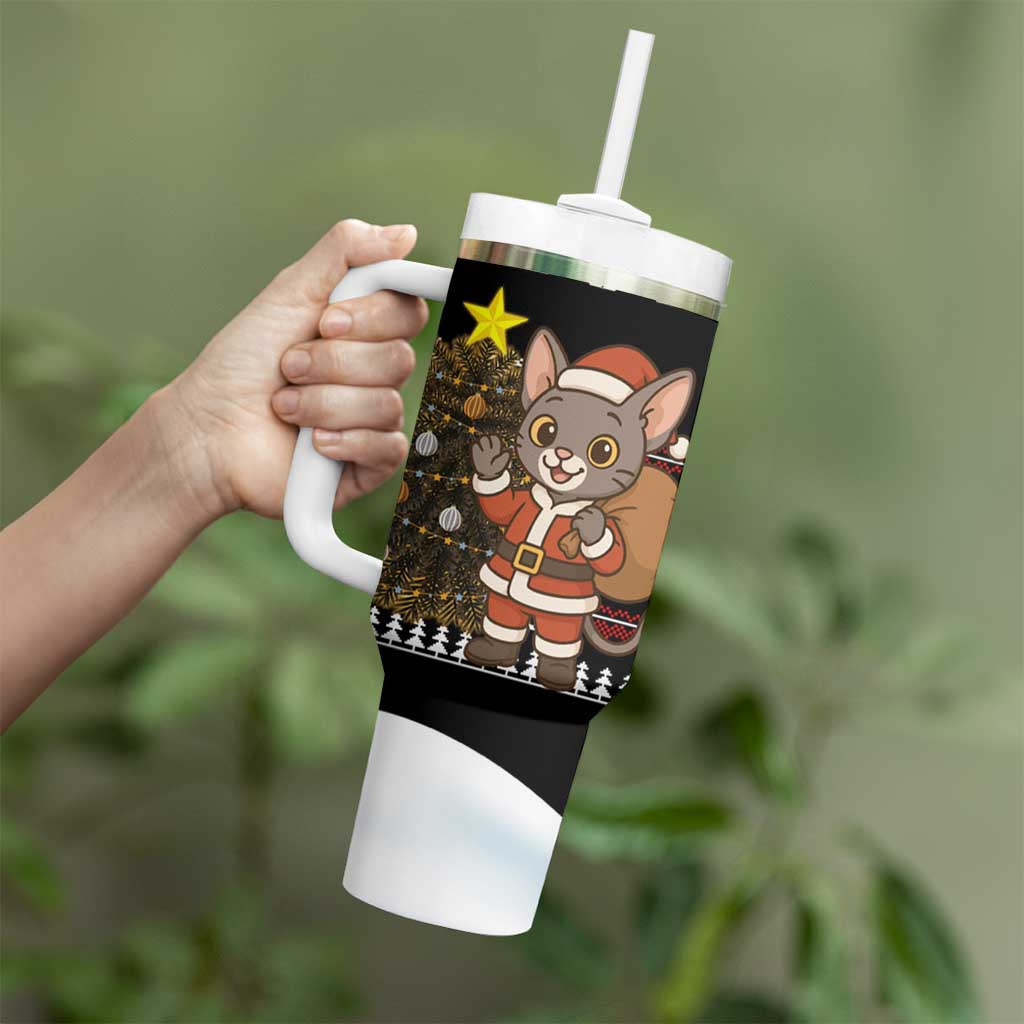 Egypt Christmas Tumbler With Handle with Santa Cat Sleigh Reindeer Christmas Tree and Ancient Hieroglyphic - Wonder Print Shop