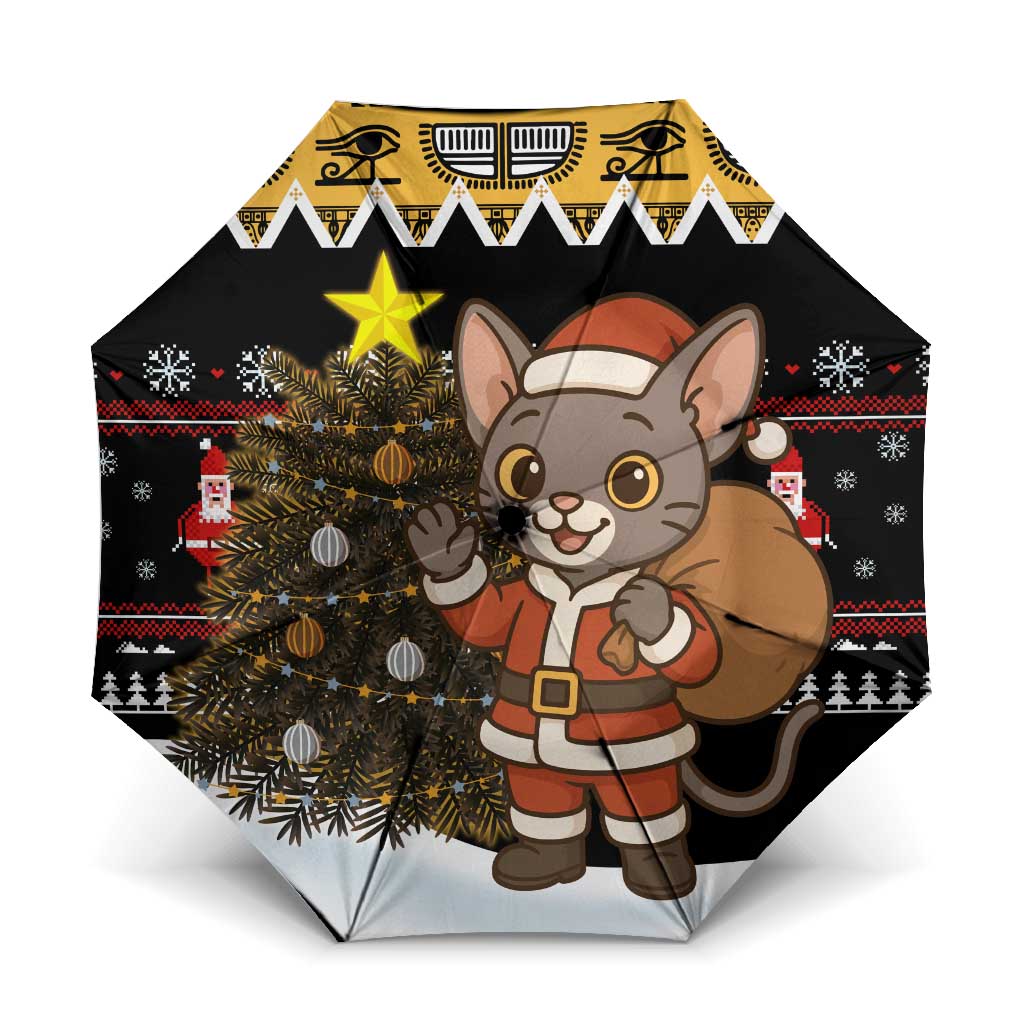 Egypt Christmas Umbrella with Santa Cat Sleigh Reindeer Christmas Tree and Ancient Hieroglyphic - Wonder Print Shop