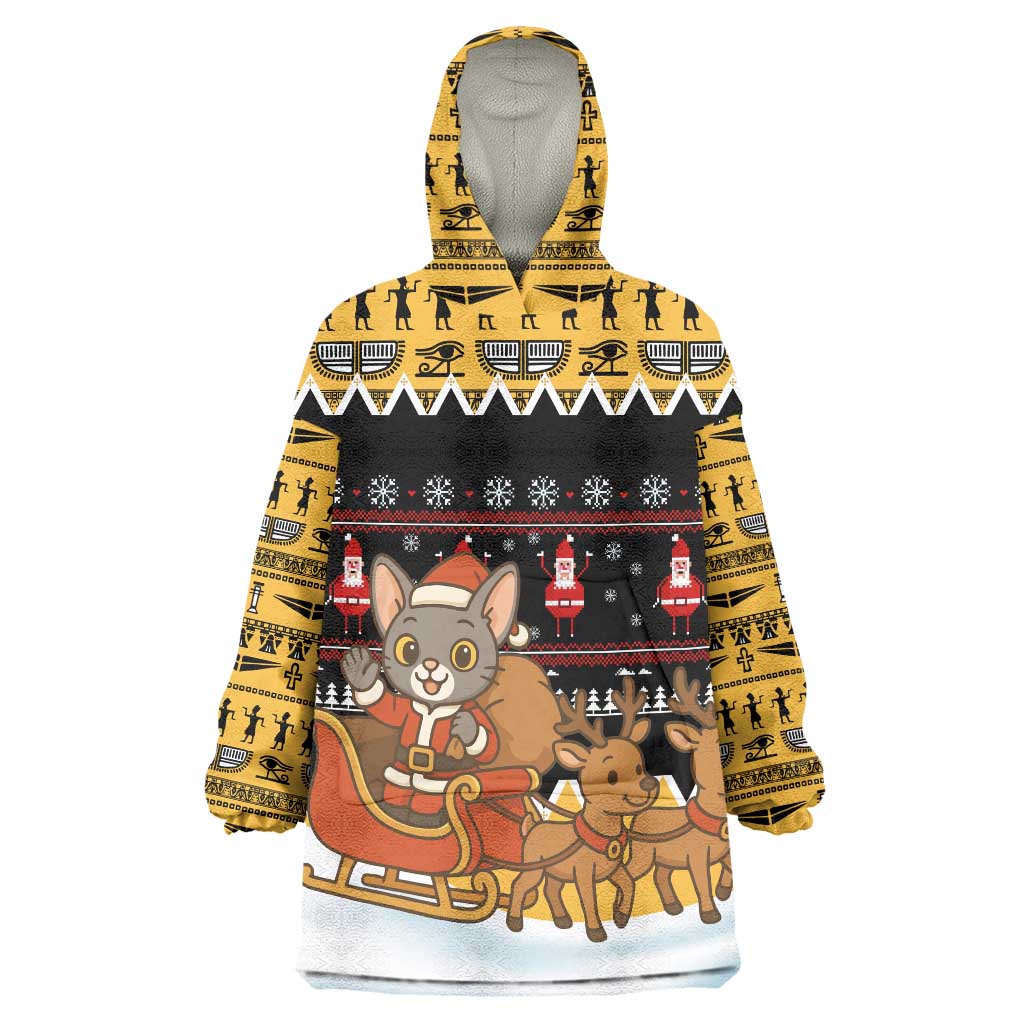 Egypt Christmas Wearable Blanket Hoodie with Santa Cat Sleigh Reindeer Christmas Tree and Ancient Hieroglyphic - Wonder Print Shop