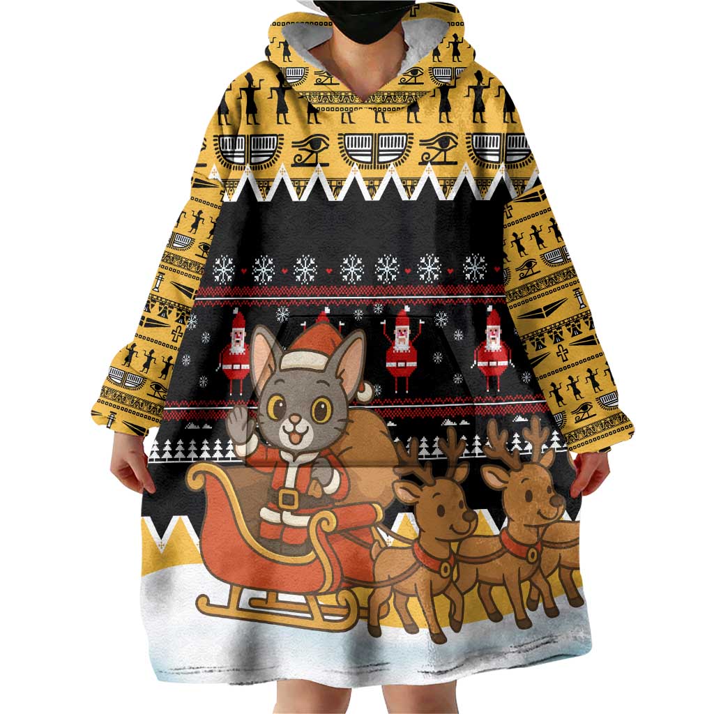 Egypt Christmas Wearable Blanket Hoodie with Santa Cat Sleigh Reindeer Christmas Tree and Ancient Hieroglyphic - Wonder Print Shop