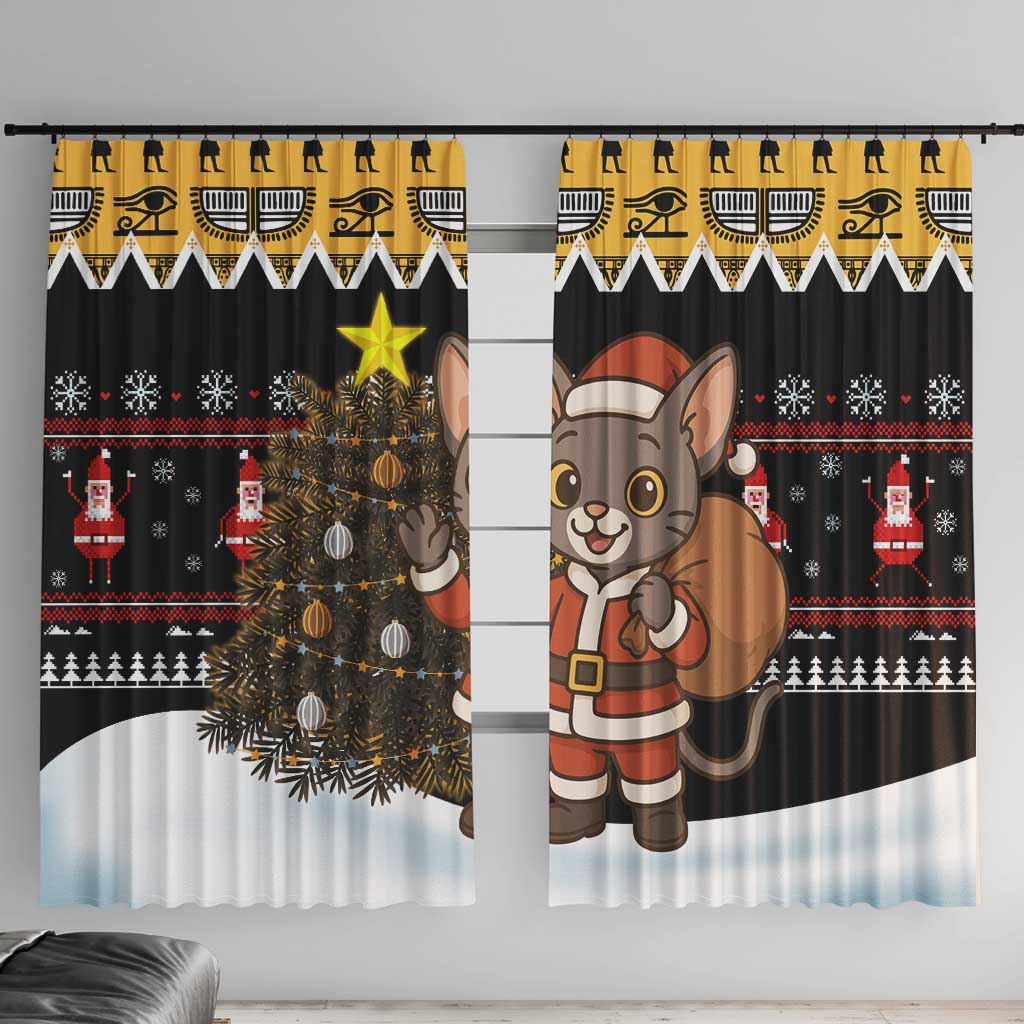 Egypt Christmas Window Curtain with Santa Cat Sleigh Reindeer Christmas Tree and Ancient Hieroglyphic - Wonder Print Shop
