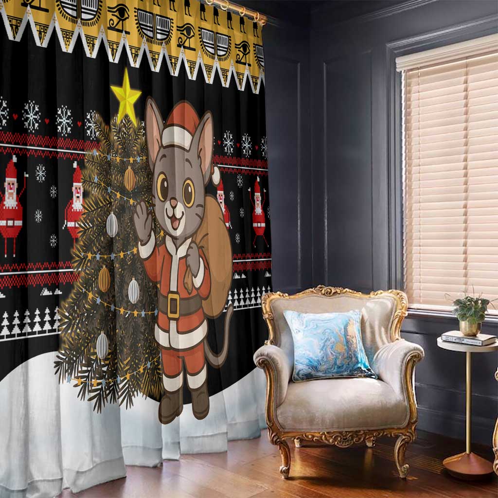 Egypt Christmas Window Curtain with Santa Cat Sleigh Reindeer Christmas Tree and Ancient Hieroglyphic - Wonder Print Shop