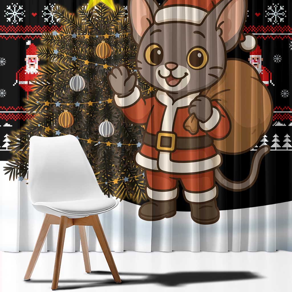 Egypt Christmas Window Curtain with Santa Cat Sleigh Reindeer Christmas Tree and Ancient Hieroglyphic - Wonder Print Shop