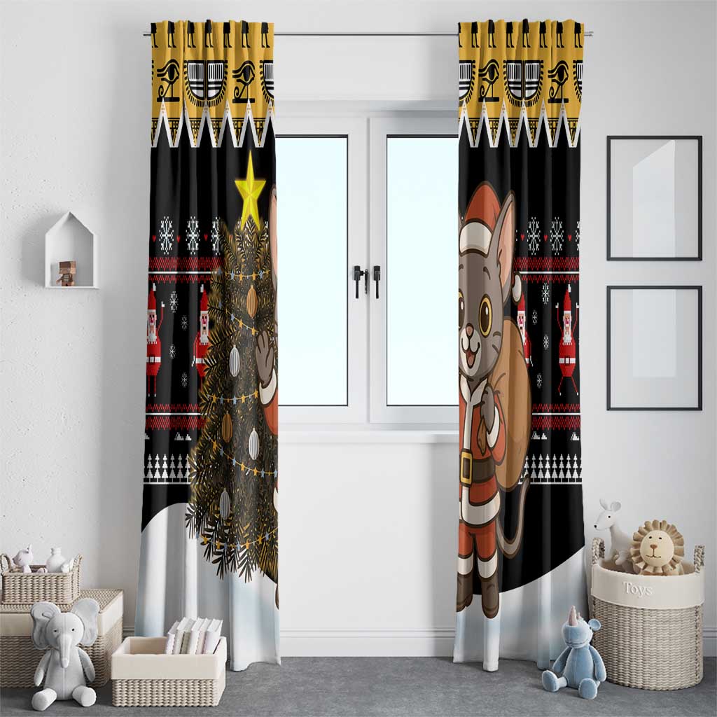 Egypt Christmas Window Curtain with Santa Cat Sleigh Reindeer Christmas Tree and Ancient Hieroglyphic - Wonder Print Shop