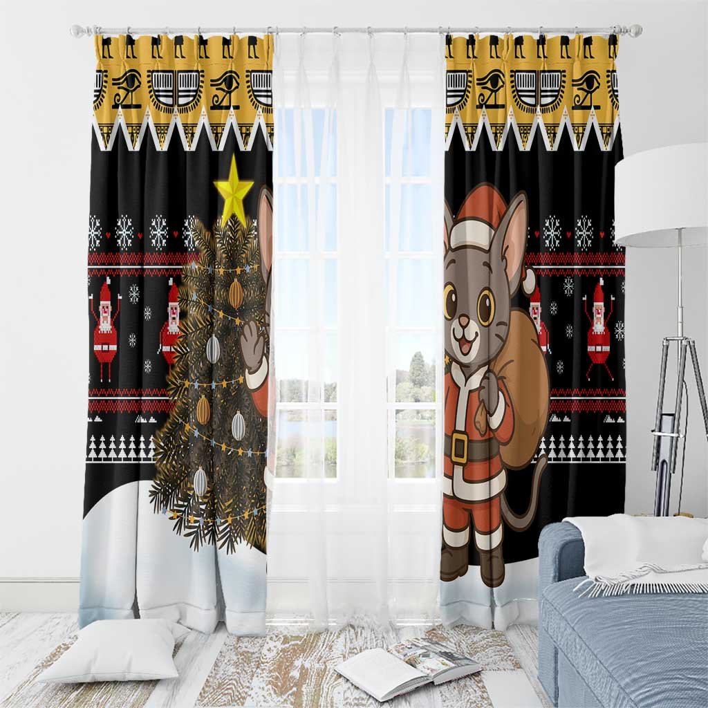 Egypt Christmas Window Curtain with Santa Cat Sleigh Reindeer Christmas Tree and Ancient Hieroglyphic - Wonder Print Shop