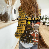 Egypt Christmas Women Casual Shirt with Santa Cat Sleigh Reindeer Christmas Tree and Ancient Hieroglyphic - Wonder Print Shop