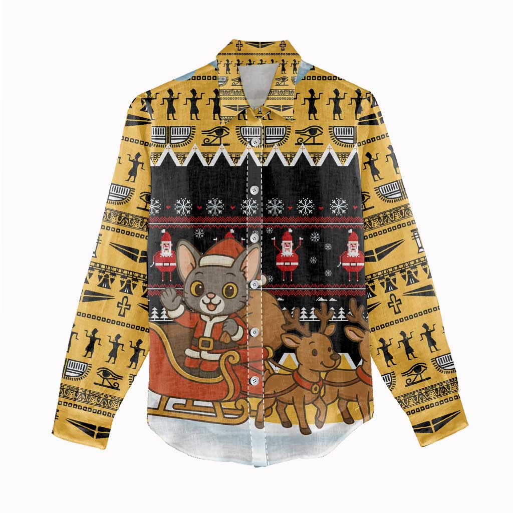 Egypt Christmas Women Casual Shirt with Santa Cat Sleigh Reindeer Christmas Tree and Ancient Hieroglyphic - Wonder Print Shop