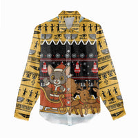 Egypt Christmas Women Casual Shirt with Santa Cat Sleigh Reindeer Christmas Tree and Ancient Hieroglyphic - Wonder Print Shop
