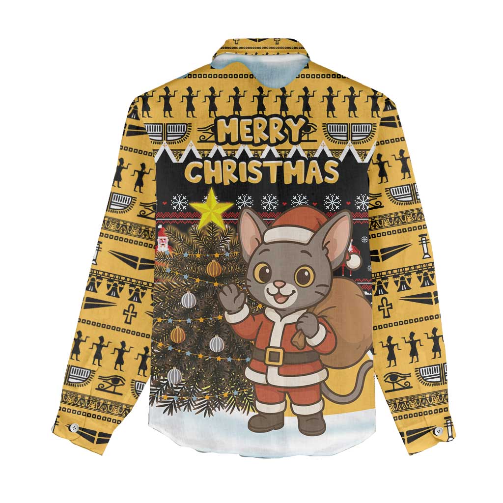 Egypt Christmas Women Casual Shirt with Santa Cat Sleigh Reindeer Christmas Tree and Ancient Hieroglyphic - Wonder Print Shop
