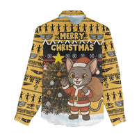 Egypt Christmas Women Casual Shirt with Santa Cat Sleigh Reindeer Christmas Tree and Ancient Hieroglyphic - Wonder Print Shop