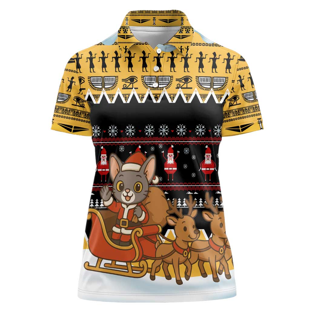 Egypt Christmas Women Polo Shirt with Santa Cat Sleigh Reindeer Christmas Tree and Ancient Hieroglyphic - Wonder Print Shop