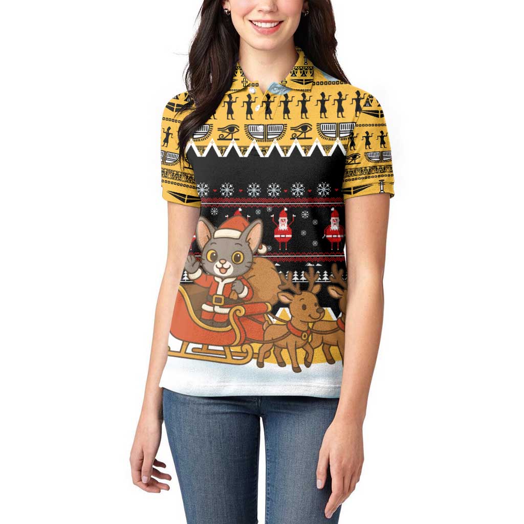 Egypt Christmas Women Polo Shirt with Santa Cat Sleigh Reindeer Christmas Tree and Ancient Hieroglyphic - Wonder Print Shop
