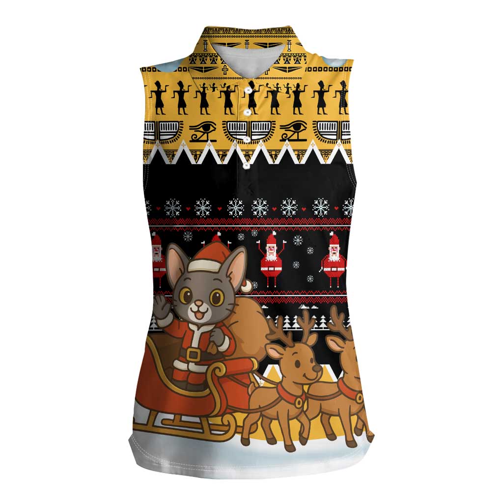 Egypt Christmas Women Sleeveless Polo Shirt with Santa Cat Sleigh Reindeer Christmas Tree and Ancient Hieroglyphic - Wonder Print Shop