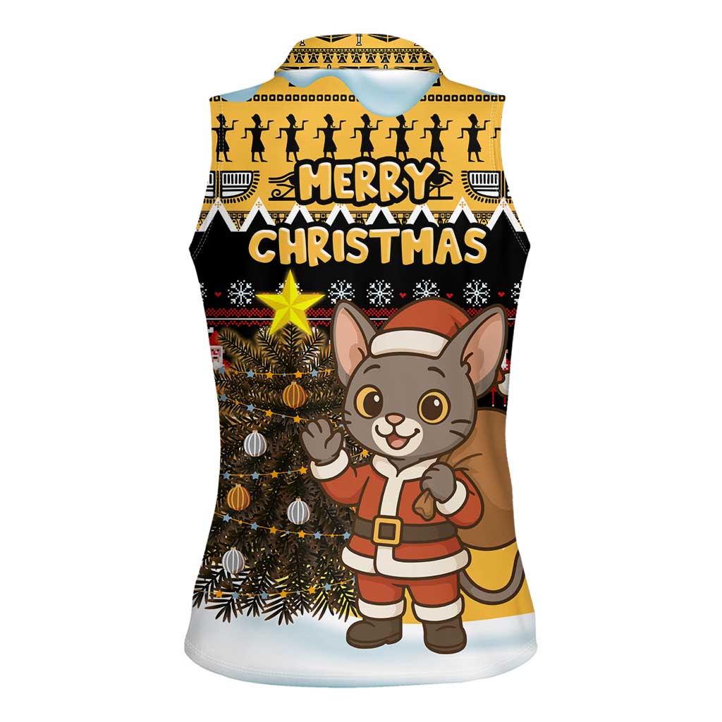 Egypt Christmas Women Sleeveless Polo Shirt with Santa Cat Sleigh Reindeer Christmas Tree and Ancient Hieroglyphic - Wonder Print Shop