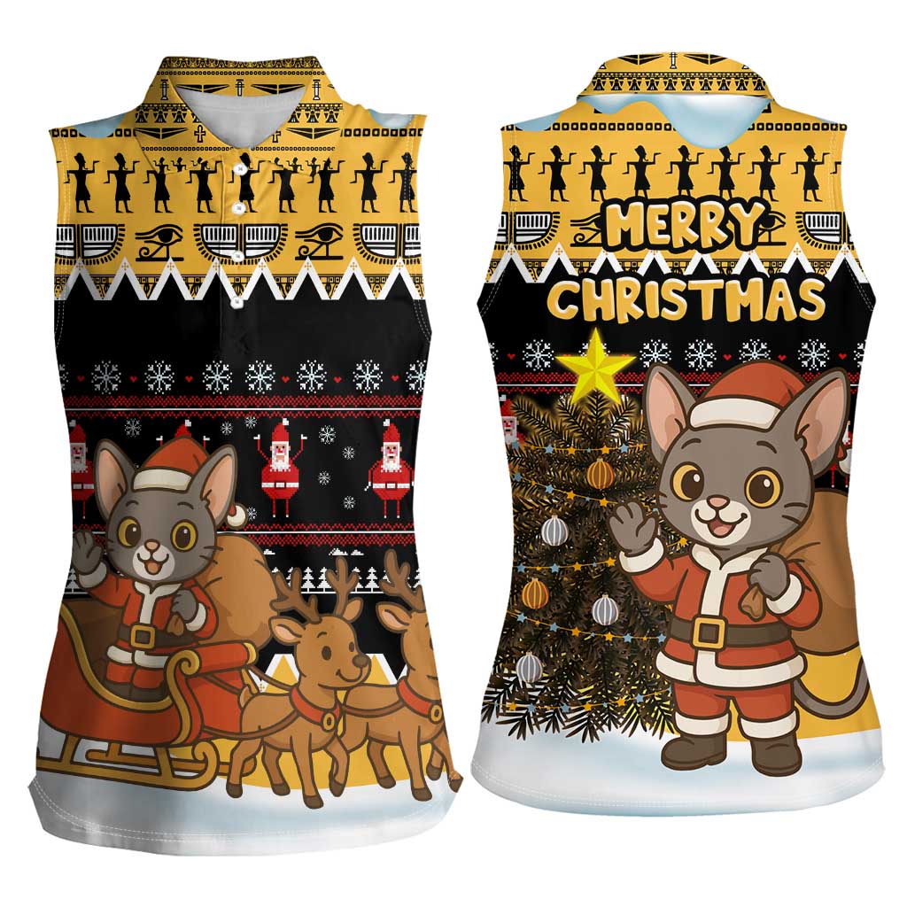 Egypt Christmas Women Sleeveless Polo Shirt with Santa Cat Sleigh Reindeer Christmas Tree and Ancient Hieroglyphic - Wonder Print Shop