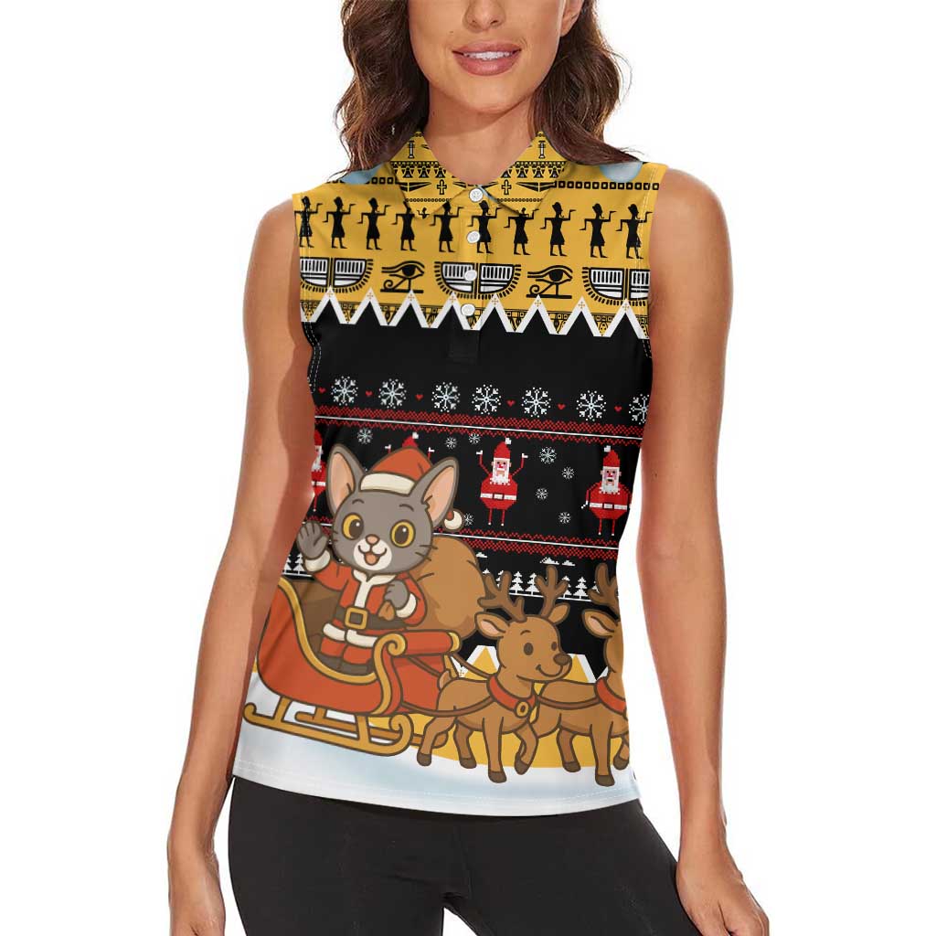 Egypt Christmas Women Sleeveless Polo Shirt with Santa Cat Sleigh Reindeer Christmas Tree and Ancient Hieroglyphic - Wonder Print Shop