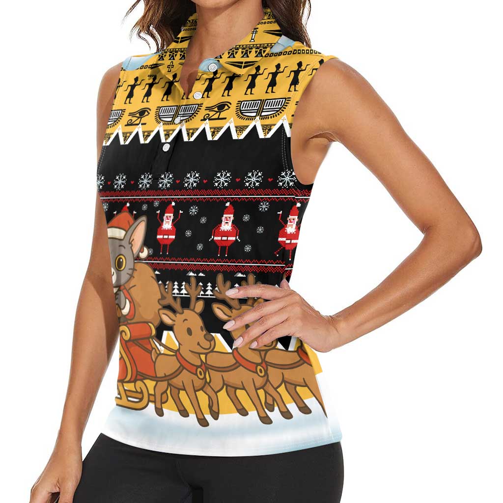 Egypt Christmas Women Sleeveless Polo Shirt with Santa Cat Sleigh Reindeer Christmas Tree and Ancient Hieroglyphic - Wonder Print Shop