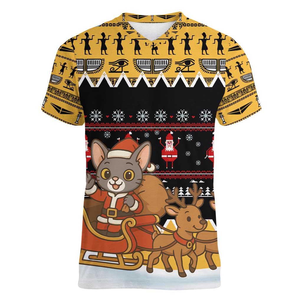 Egypt Christmas Women V-Neck T-Shirt with Santa Cat Sleigh Reindeer Christmas Tree and Ancient Hieroglyphic - Wonder Print Shop