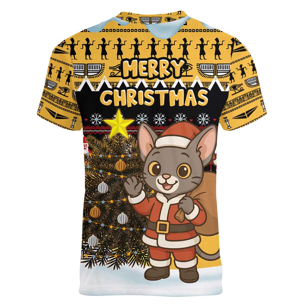 Egypt Christmas Women V-Neck T-Shirt with Santa Cat Sleigh Reindeer Christmas Tree and Ancient Hieroglyphic - Wonder Print Shop