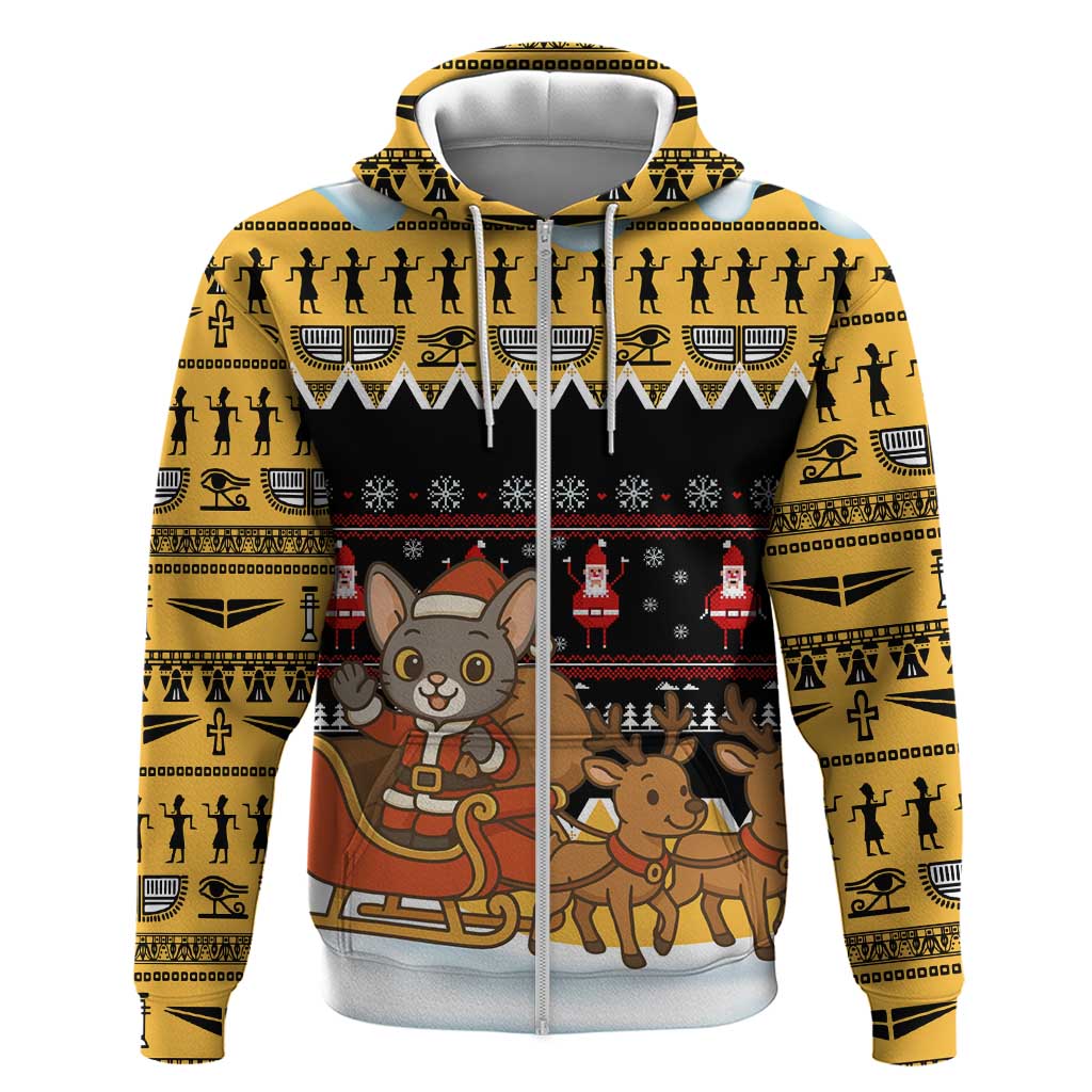 Egypt Christmas Zip Hoodie with Santa Cat Sleigh Reindeer Christmas Tree and Ancient Hieroglyphic - Wonder Print Shop