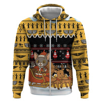 Egypt Christmas Zip Hoodie with Santa Cat Sleigh Reindeer Christmas Tree and Ancient Hieroglyphic - Wonder Print Shop