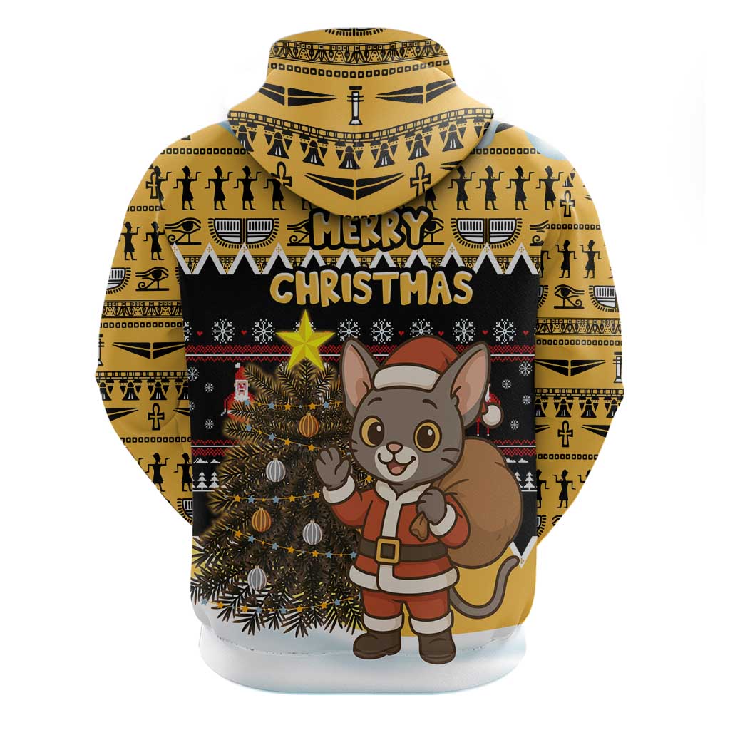 Egypt Christmas Zip Hoodie with Santa Cat Sleigh Reindeer Christmas Tree and Ancient Hieroglyphic - Wonder Print Shop