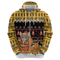 Egypt Christmas Zip Hoodie with Santa Cat Sleigh Reindeer Christmas Tree and Ancient Hieroglyphic - Wonder Print Shop