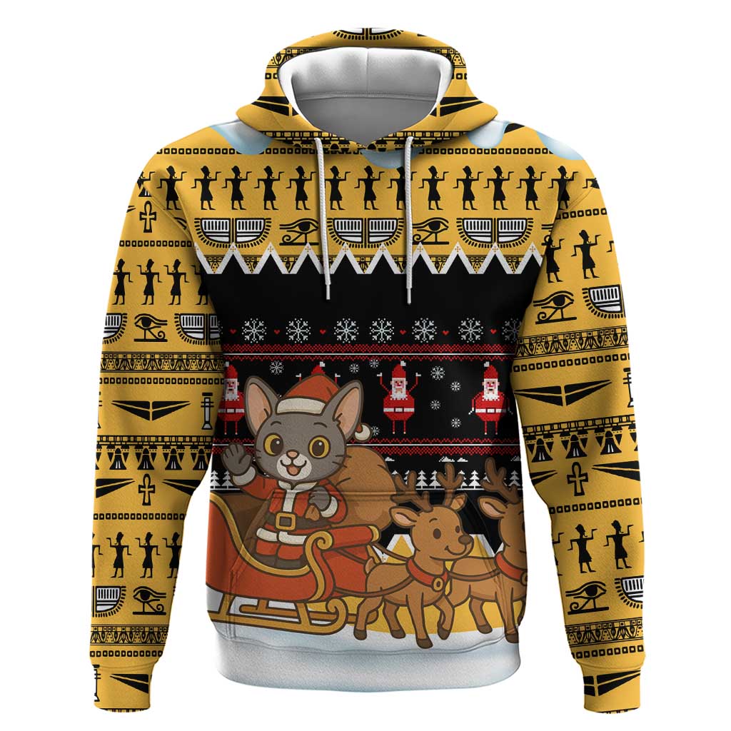 Egypt Christmas Zip Hoodie with Santa Cat Sleigh Reindeer Christmas Tree and Ancient Hieroglyphic - Wonder Print Shop