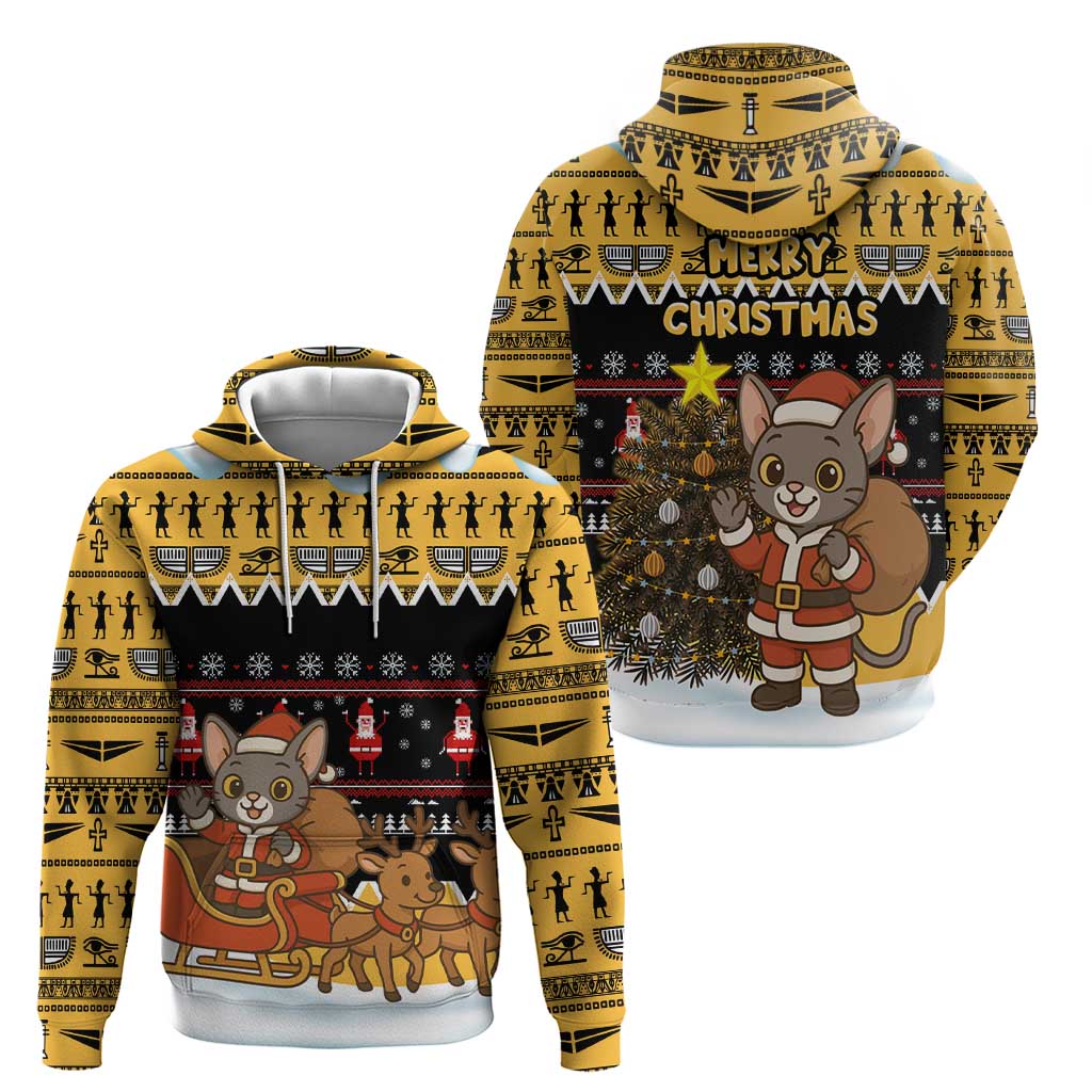 Egypt Christmas Zip Hoodie with Santa Cat Sleigh Reindeer Christmas Tree and Ancient Hieroglyphic - Wonder Print Shop