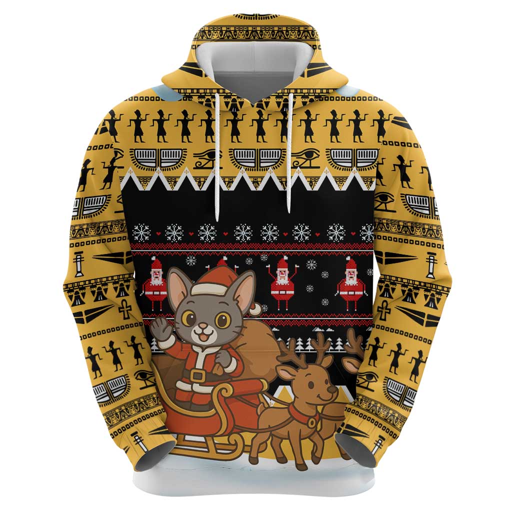 Egypt Christmas Zip Hoodie with Santa Cat Sleigh Reindeer Christmas Tree and Ancient Hieroglyphic - Wonder Print Shop
