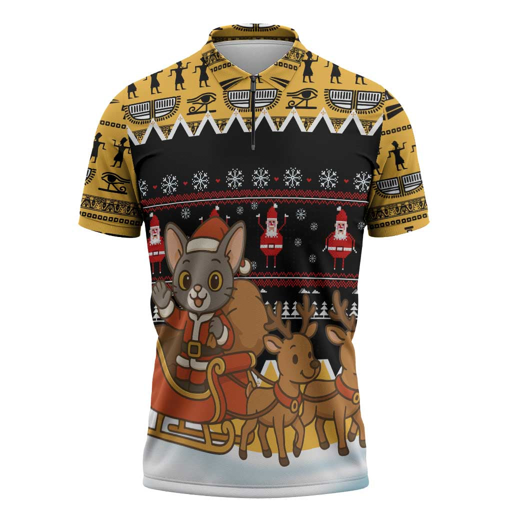 Egypt Christmas Zipper Polo Shirt with Santa Cat Sleigh Reindeer Christmas Tree and Ancient Hieroglyphic - Wonder Print Shop