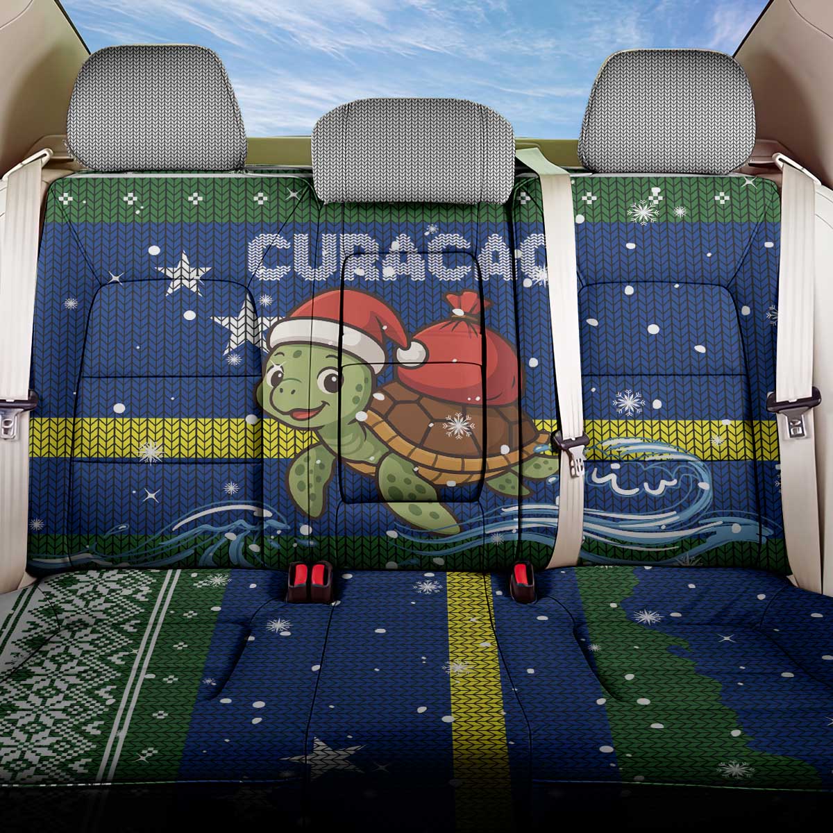 Curacao Christmas Back Car Seat Cover with Santa Turtle Ocean Waves Snowflakes and Holiday Gift Design - Wonder Print Shop