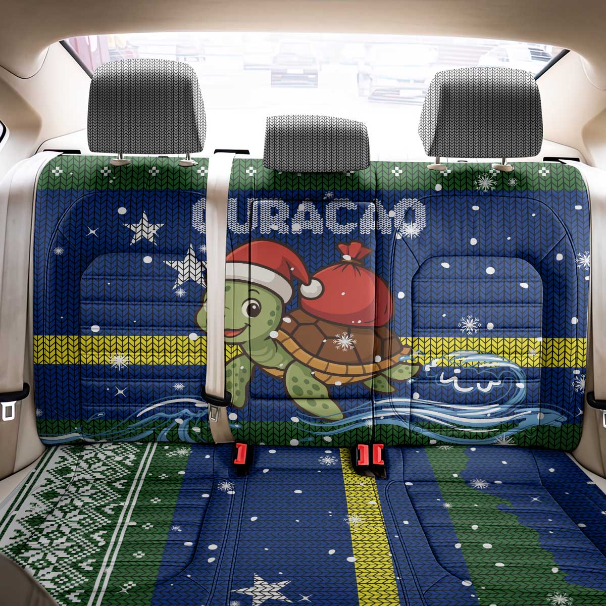 Curacao Christmas Back Car Seat Cover with Santa Turtle Ocean Waves Snowflakes and Holiday Gift Design - Wonder Print Shop