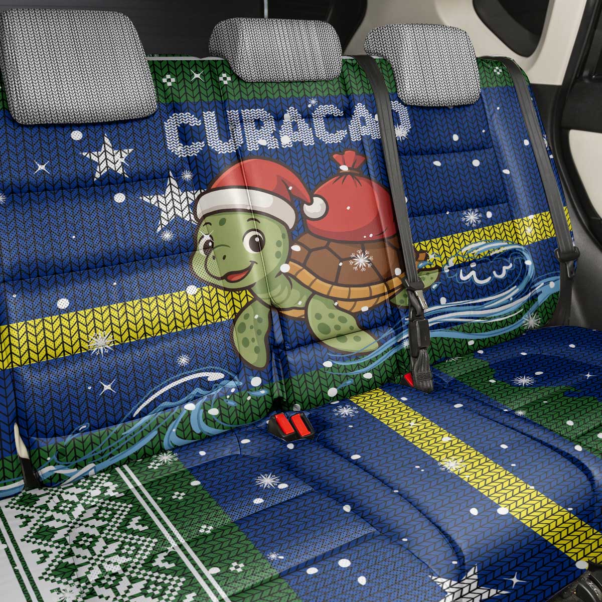Curacao Christmas Back Car Seat Cover with Santa Turtle Ocean Waves Snowflakes and Holiday Gift Design - Wonder Print Shop