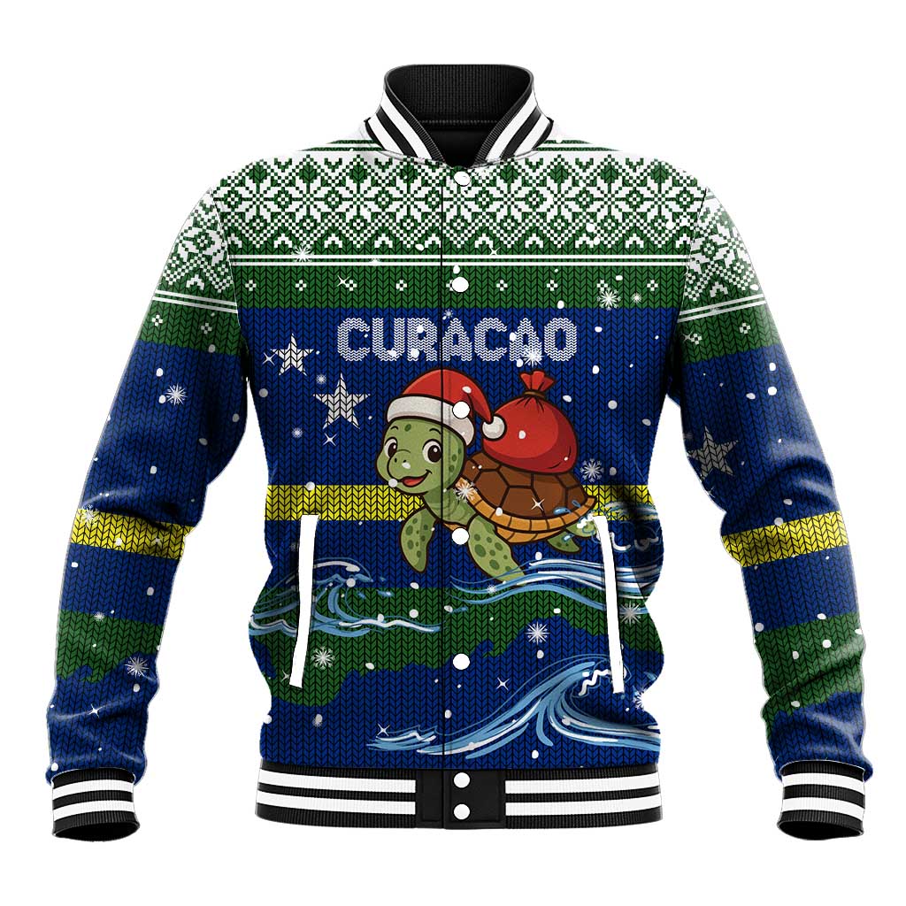 Curacao Christmas Baseball Jacket with Santa Turtle Ocean Waves Snowflakes and Holiday Gift Design - Wonder Print Shop